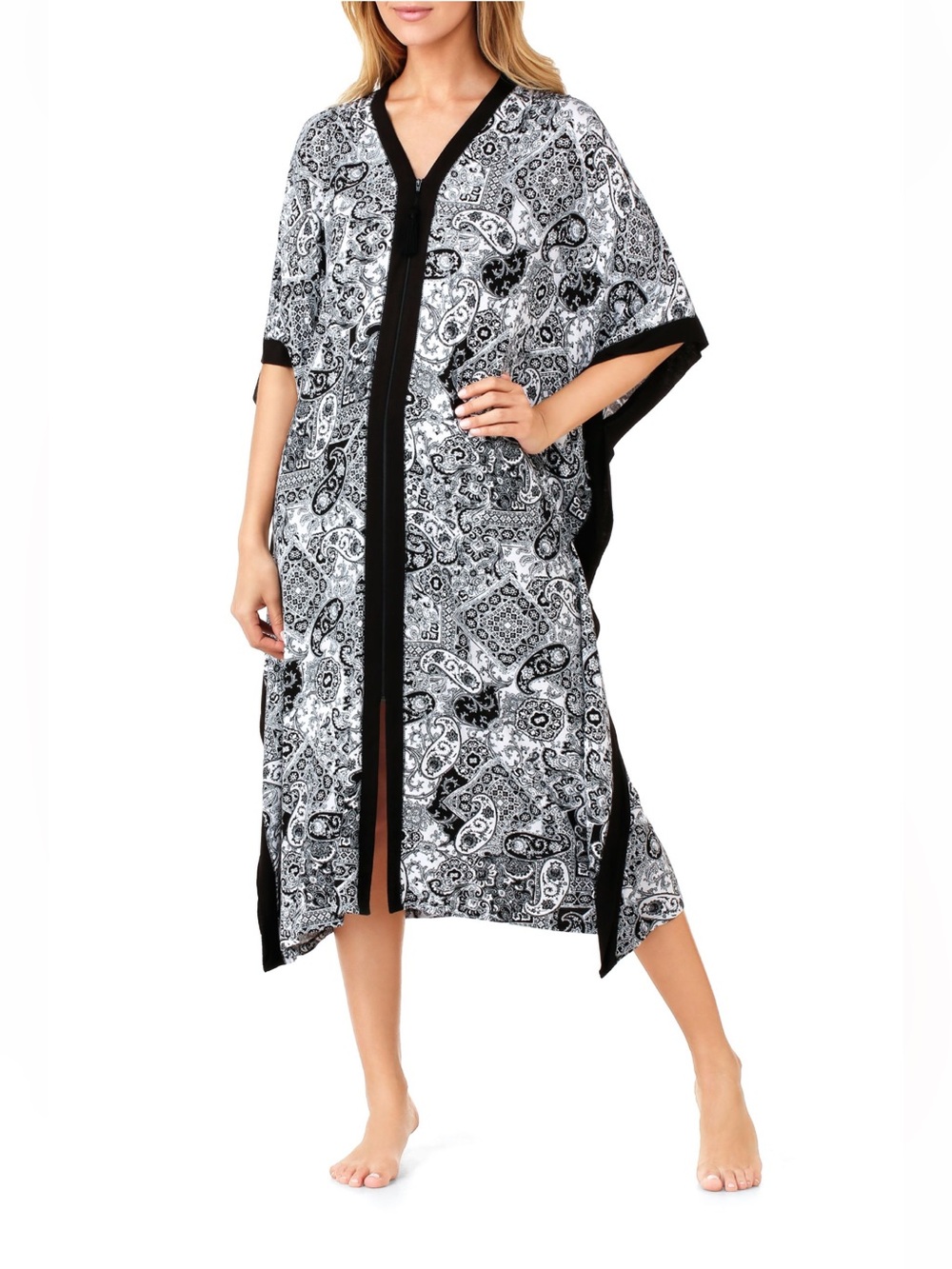 Ellen Tracy Long Caftan robe with front zipper in White Black print NWT
